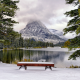 mountains, winter, bench, snow, tree, lake, park wallpaper