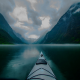 kayak, fjord, mountains, norway, morning, landscape, nature wallpaper