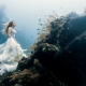 underwater, bride, weddinf gress, women, model, fish, coral wallpaper