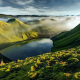 mountains, iceland, hills, clouds, fog, mist, lake, grass, nature, landscape wallpaper
