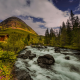 norway, river, hill, hut, tree, forest, nature wallpaper