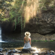 waterfall, nature, women, blonde, hat, summer dress wallpaper