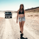 mirage, girl, jeans shorts, road, cars, dust wallpaper