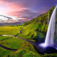 waterfall, green meadows, mountains, nature, iceland wallpaper
