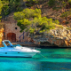 yacht, majorca, island, spain, sea, boat, cliff, rock, nature, balearic islands wallpaper