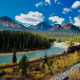 national park, alberta, canada,banff, bow river, train, railway, rails, mountains, forest, nature wallpaper