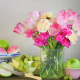 vase, flowers, tulips, fruits, apple, berry, grapes, knife, cake, food wallpaper
