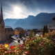 hallstatt, mountains, austria, nature, landscape, autumn, lake, city, tower, city wallpaper