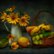 still life, food, yellow flowers, fruits, banana, lemon wallpaper