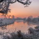 nature, winter, snow, tree, sunset, river, hoarfrost, frost wallpaper
