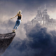 women, girl, rock, sky, clouds, castle, 3d graphics wallpaper