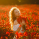 women, flowers, red flowers, outdoors, closed eyes, girl, poppies, poppy, nature wallpaper