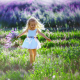 baby, girl, joy, dress, nature, summer, field, grass, bouquet, lavender wallpaper