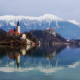 nature, landscape, lake, bled, slovenia, mountains, island, church, reflection wallpaper
