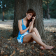trees, sitting, portrait, blue dress, brunette, women, legs wallpaper