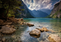 nature, landscape, Alps, summer, lake, mountain, trees, clouds, water wallpaper