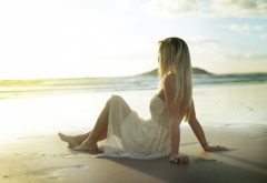 model, blonde, beach, women, sand, dress wallpaper