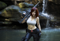 cosplay, women, model, gun, water, waterfall wallpaper