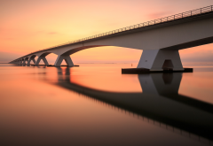 bridge, sunset, evening, reflection, water wallpaper