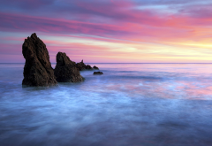 nature, landscape, rock, water, sea, clouds, horizon, sunset, long exposure wallpaper