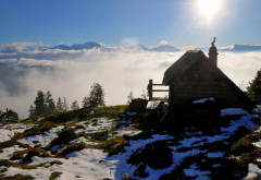 Austria, cabin, snowy peak, clouds, mountains, nature wallpaper