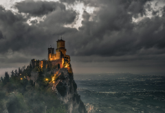 San Marino, castle, landscape, clouds, valley, sky, mountains wallpaper