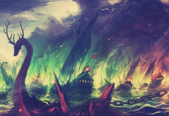 Game of Thrones, Blackwater, fire, fantasy art, boat, ship, colorful wallpaper