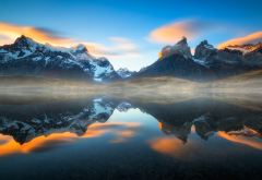 Torres del Paine, Chile, nature, mist, landscape, sunset, mountains, lake, reflections, snowy peaks wallpaper