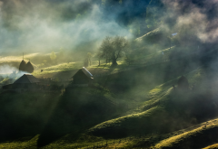fairy tale, mist, sunrise, village, trees, grass, house, fence, hill, Romania, nature, landscape wallpaper