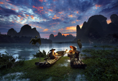 guilin, men, fisher, china, landscape, nature, mountain, sky, river, clouds, boat, bird wallpaper