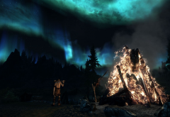 The Elder Scrolls V: Skyrim, video games, aurora, fire, night wallpaper