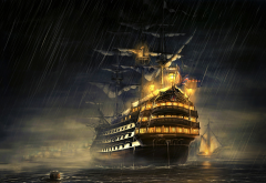 pirate, ship, sailing ship, rain, Manowar, water, sea, night wallpaper