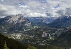 Banff National Park, mountains, panorama, valley, town, river, Canada, nature, landscape wallpaper