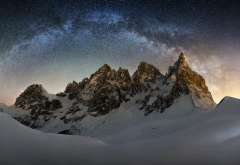 Milky Way, snow, mountains, snowy peak, starry night, spotlight, nature, space wallpaper