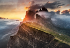 mountains, sunset, clouds, fog, nature, landscape wallpaper