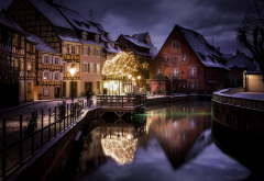 Christmas, France, landscape, city, canal, house, winter, snow wallpaper