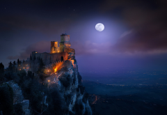 San Marino, landscape, nature, fortress, castle, moon, starry night wallpaper