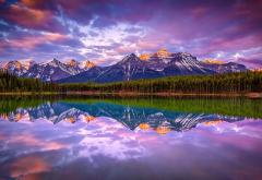 Canada, sunrise, lake, mountains, forest, nature, landscape, reflections wallpaper