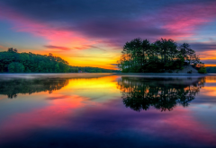sunrise, colorful, lake, island, nature, landscape, reflections, Massachusetts wallpaper