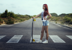 skateboards, women, redhead, roads, jean shorts, longboards wallpaper