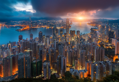 Hong Kong, city, Victoria Harbour, morning, sunrise, skyscrapers wallpaper