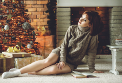 christmas, women, christmas tree, fireplace. holidays, socks, sweater wallpaper