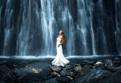 women, long hair, nature, white dress, bare shoulders, rock, waterfall wallpaper