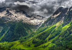 switzerland, spring, mountain, alps, clouds, forest, grass, snowy peak, nature, landscape wallpaper