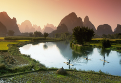li river, guilin, china, nature, mountains, water, sky, river, boat, field wallpaper