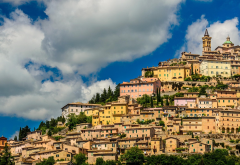 trevi, italy, city, architecture, building, clouds, ancient, town, church, hill wallpaper
