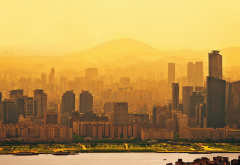 seoul, south korea, sunrise, city, skyscrapers, river wallpaper