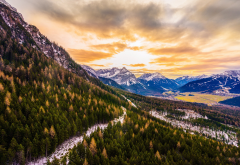 mountains, forest, sunset, fall, clouds, alps, austria, snow, nature, landscape wallpaper