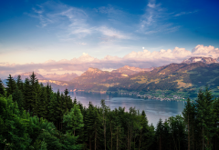 nature, landscape, lake, switzerland, mountains, forest, sunset, summer, tree wallpaper