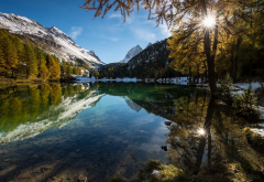 nature, landscapes, lakes, Alps, mountains, forests, reflection, snowy peaks, fall, water, sunrise wallpaper